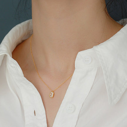 S925 Sterling Silwer Reghoekige Sirkoon Kort Ketting, Geometriese Styl
