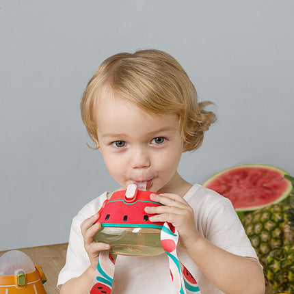 Cute Shape Baby Cup with Straw Leak-proof Water Bottle for Kids Drinking Shoulder Strap Training Fruit Cup