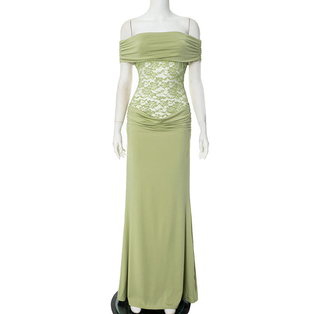 Women's Solid Color Off-the-shoulder Stitching Lace Extra Long Dress