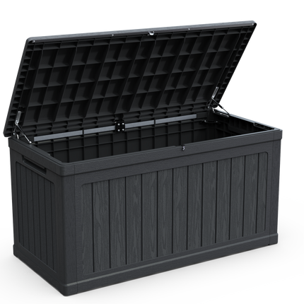 230 Gallon Groot Buitenberging XXL Dekkas Vir Patio Meubels, Buitekussings, TuinGereedskap En Sport-/Swembadtoerusting, Waterdigte Hars, Sluitbaar, Swart
