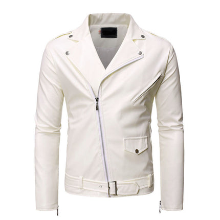Slim Casual Leather Jacket With Lapel Diagonal Zipper