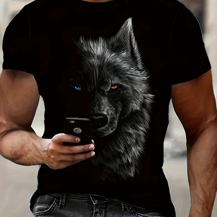 3D Digital Cool Wolf Contrast Color Eye Pattern Round Neck T-shirt, Men's Summer Outdoor Activity Fashion Top