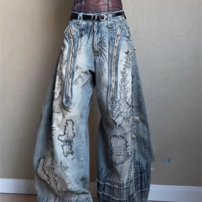 Plus Size Street Men's Random Needle Embroidery Stain Jeans