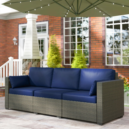 Patiobank PE Rattan Diep Sitplek Buitelugbank Met Verwyderbare Kussings, 3-Sitplek Rattan Sofa, Buitelugmeubels Vir Balkon, Dek, Tuin En Swembad, Donkerblou