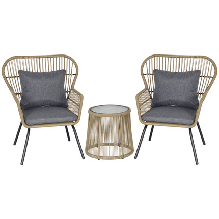 3 Stukke Rottang Bistro Stel, Rattan Tuinmeubelstel Met Kussings, Glaskant Koffietafel En Stoele Vir Buite, Patio, Balkon, Bruin