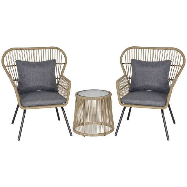 3 Stukke Rottang Bistro Stel, Rattan Tuinmeubelstel Met Kussings, Glaskant Koffietafel En Stoele Vir Buite, Patio, Balkon, Bruin
