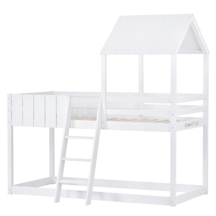 Wooden Bunk Bed, Loft Bed With Ladder And Guard Rail, Mid-Sleeper Cabin Bed, 3 FT Single Treehouse Canopy, Shaped With Space-Saving Design For Children& Kids Home White-90x190 Cm