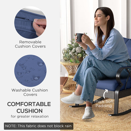 Outdoor Wicker Rocking Chair with Padded Cushions, Aluminum Furniture, Rattan Porch Rocker Chair w/ Armrest, Navy Blue