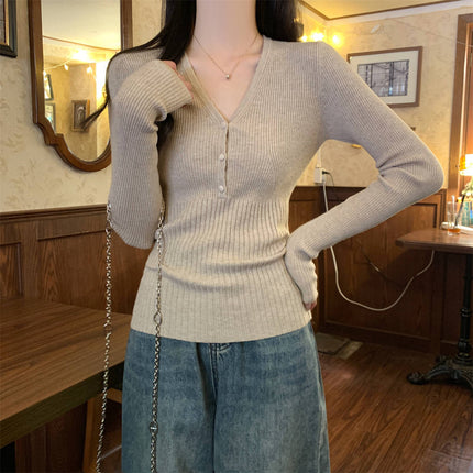 Waist-tight Slimming V-neckline Long-sleeved Women's Temperament Commute Pure Sweater