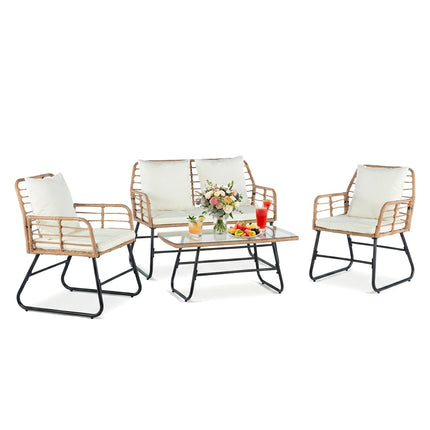 Buite Vierstuk-Tuinmeubelstel, Rattan Tuinstel, Toegerus Met Dik Tussentrekstruktuur Kussings, Diepsit-Alleweer Rattan Sofa