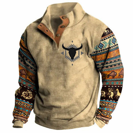 Winter Digital Printing Long Sleeve Stand Collar Half Button Sweater Men