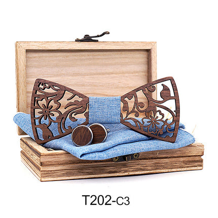 Wooden Hollow Fashion Bow Tie Cufflinks Set