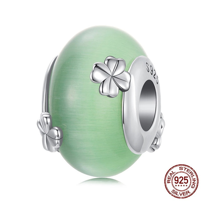 Bead Accessories 925 Silver Green Four-leaf Clover Glass Beads