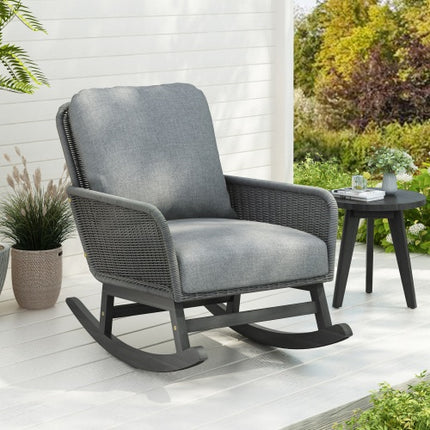 Contemporary Minimalist Ivory Wicker Rocking Chair With Soft Polyester Cushions And Durable Wooden Frame, Perfect For Indoor And Outdoor Spaces Like Patio, Balcony, Or Living Room