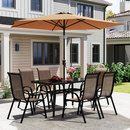 8 Stukke Patio Meubelstel met 9vt Patio Sambreel, Buite Eettafel en Stoele, Lig Gemengde Bruin
