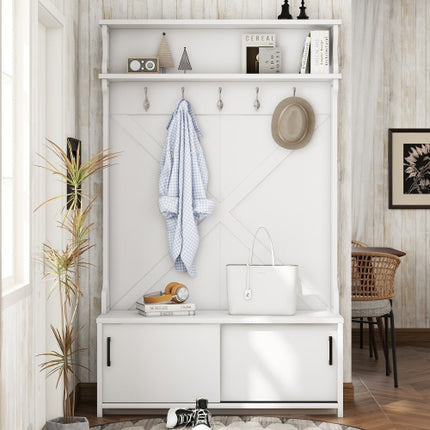 Hall Tree With Top Shelf And Storage Bench, Hallway Shoe Cabinet With Sliding Doors, Coat Rack With 5 Hanging Hooks For Entryways Hallways