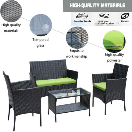 4 ST Rattan Patio Meubelstel Buite Patio Opgestopte Sitplek Rieten Bank Groen Kussing