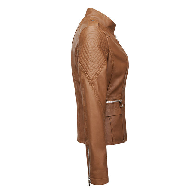 Women's Leather Jacket Women's Slim-fit Leather Jacket Women's Motorcycle Clothing PU Leather Women's Jacket Short Women's Leather Jacket Three-line Craft