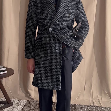 Wool Double Breasted Houndstooth Coat Mid-length Coat