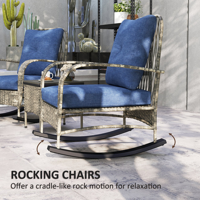 3 Stuk Wicker Patio Meubelstel, Buite PE Rattan Wipstoele Met Koffietafel, Kussings Vir Stoep, Grys