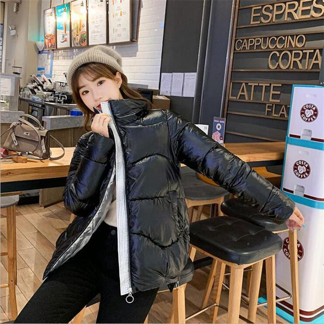 Women's bright leather jacket short down cotton jacket