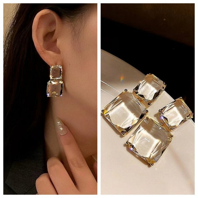 European And American Retro Geometric Square Transparent Crystal Earrings