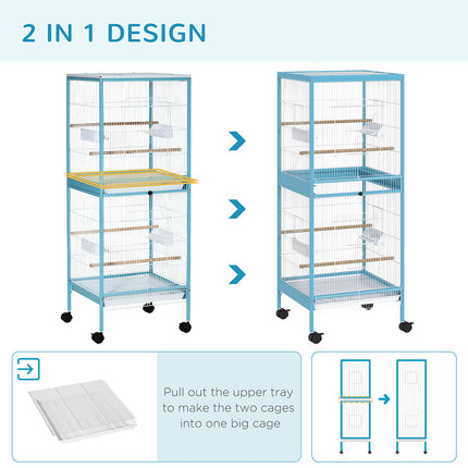 55inch 2 In 1 Bird Cage Aviary Parakeet House For Finches, Budgies With Wheels, Light Blue