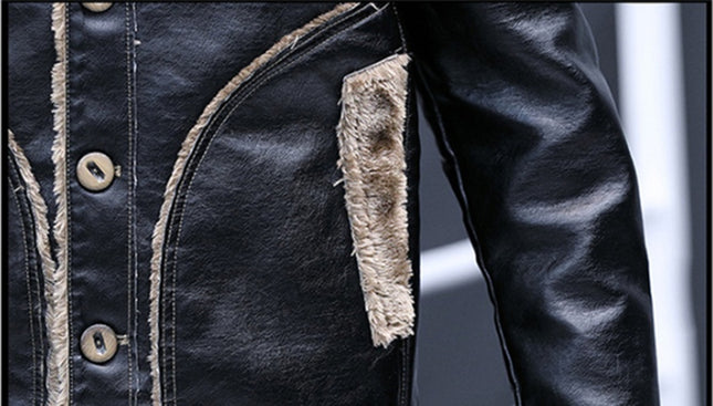 Lapel and Cashmere Men's Casual PU Leather Jacket