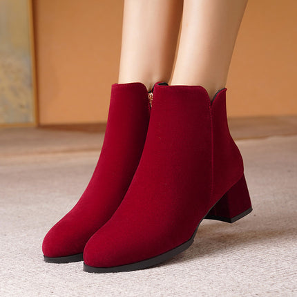 Spitstoen Skoene met Ryp-effek Suede, Sy-ritssluiting, Stewige Hak, Middelhoë Hak, Plusgrootte Damesstewels