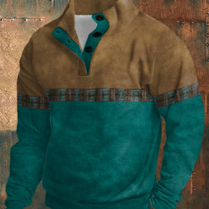 Winter Digital Printing Long Sleeve Stand Collar Half Button Sweater Men