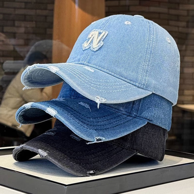 Embroidered Denim Letter Baseball Women's Ripped Peaked Cap Sun Hat