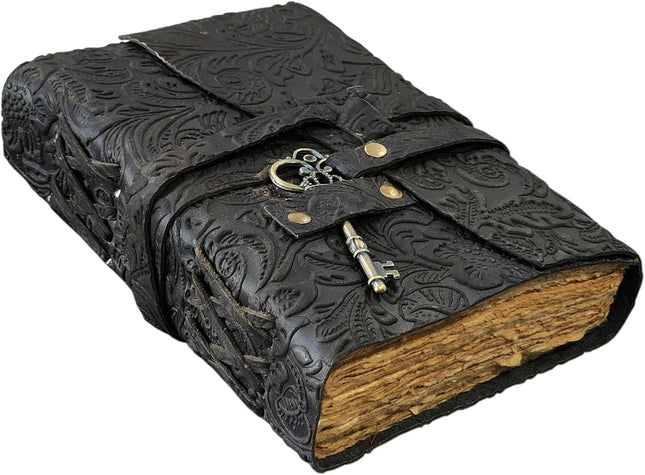 Embossed Floral Pattern Water Buffalo Leather Vintage Notebook