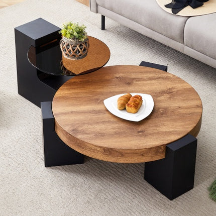 Moderne Eenvoudige Dubbellaag Ronde Koffietafel – Deursigtige Grys Glasblad Met Swart MDF L-vormige Pote. Die Afneembare Ontwerp Kan Die Gebruik Van Ruimte Buigsamer Maak