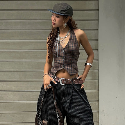 Vintage Plaid Cardigan Button Halterneck Vest Top