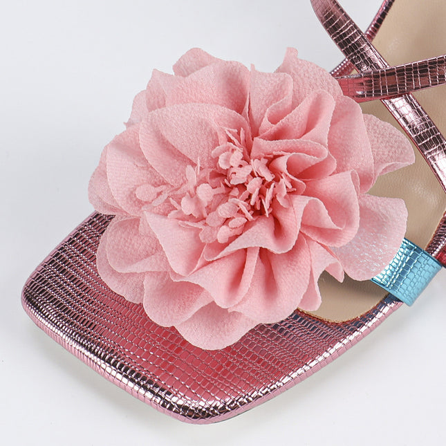 Women's Square Toe Three-dimensional Flower High Heel Sandals