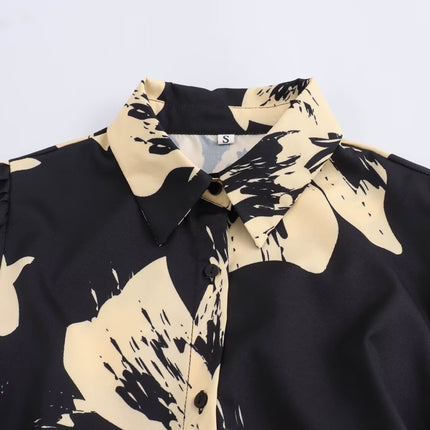 Long Sleeve Printed Temperament Waist-controlled Breasted Shirt Dress