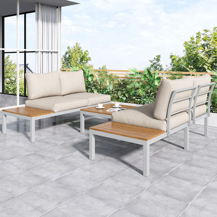 Outdoor Patio&Backyard Furniture Garden Lounge Set For 4 People, Space Saving Thick Quality L-Shaped Corner Sofa With Wooden Table, Beige