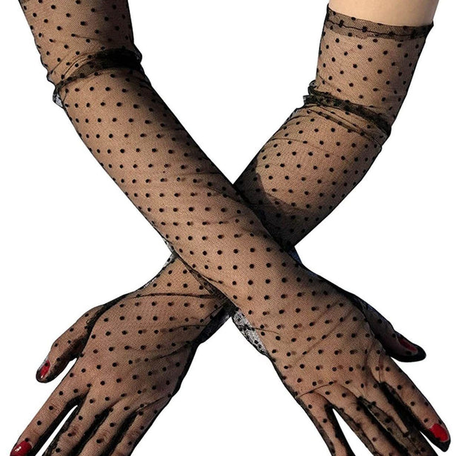Ladies' Mesh Sleeve Cover Black Flying Polka Dot Tulle Gloves