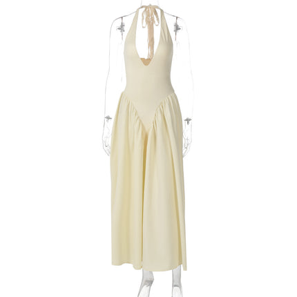 Hot New Sexy Solid Color Deep V Neck Hollow Out Halter Elegant Flared Hem Dress For Women