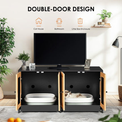 Dubbele Katbak-omhulsel, Katbak-omhulsel Vir 2 Katte, Weggesteekte Katbakmeubels Met Rottingdeure, 47 L X 19.8 W X 21.8 H, Swart