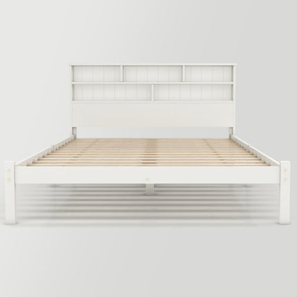 Bed With Shelves, White Wooden Storage Bed, Underbed Drawer - 4ft6 Double 135 X 190 Cm