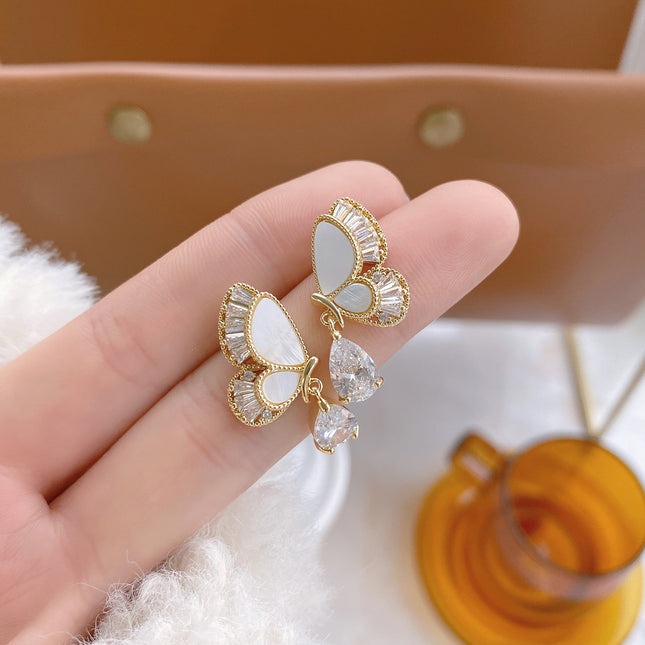 S925 Silver Needle Butterfly Acrylic Zircon Water Drop Earrings