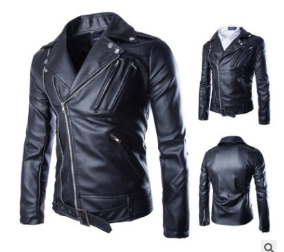 Lapel slim-fit leather coat