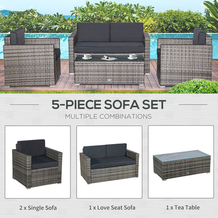 4-stuk Wicker Patio Meubelstel met Kussings, Buitelug Seksionele Meubels met 2 Banke, Liefdesitplek, en Glaskoel koffietafel, Gespreksbankstelle vir Tuin, Swart