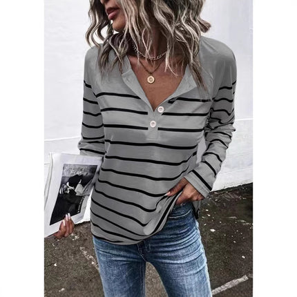 Striped Round Neck Button Casual Loose Long Sleeve