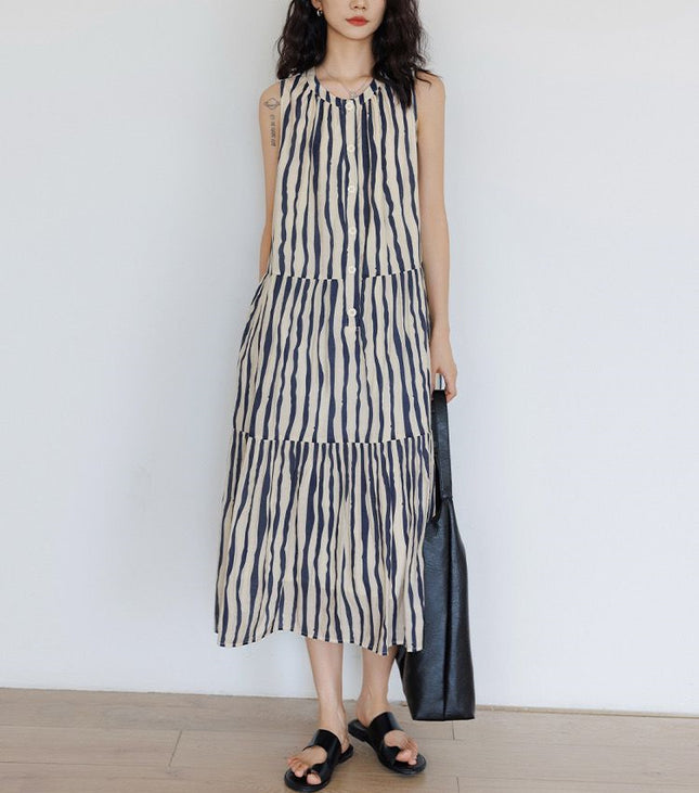 Round Neck Loose Stripe A- Word Vacation Style Midi Dress
