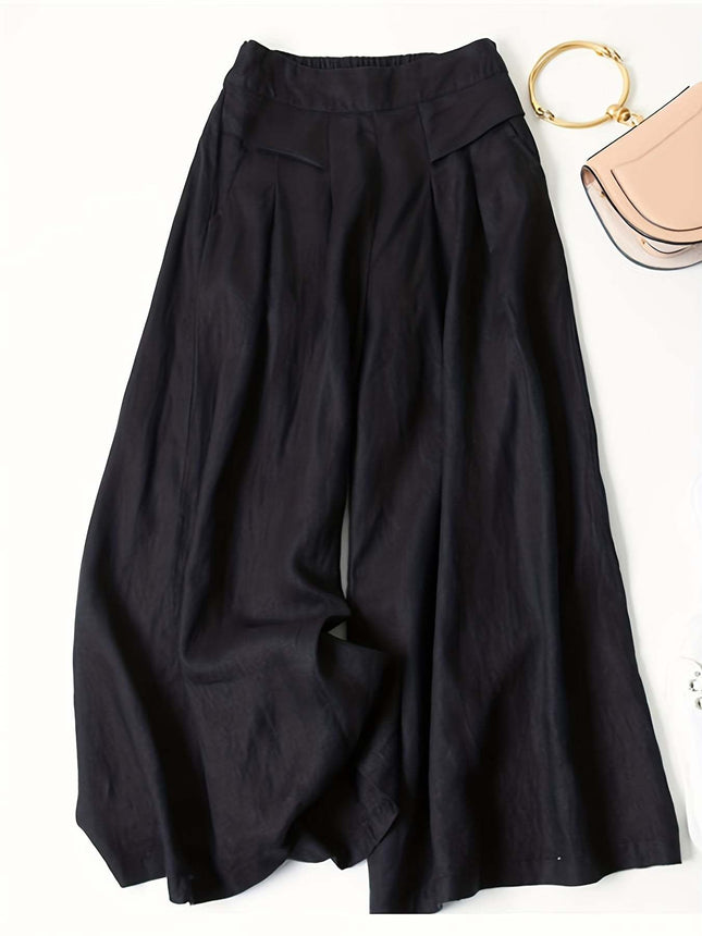 Comfortable Women's High Waist Wide-Leg Pants - Solid Black, Elastic Waistband With Pockets, Casual All-Season Polyester Trousers