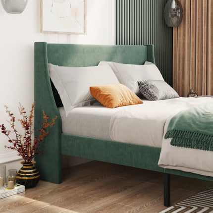 Enkelbed Fluweel Donkergroen 3VT Stoffeerbed Met Vleuel-kopstuk, Houtlat-ondersteuning