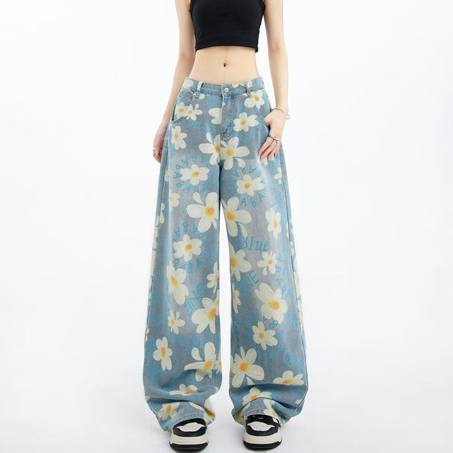 New Summer Printed Floral Wide-leg Washed Jeans For Women