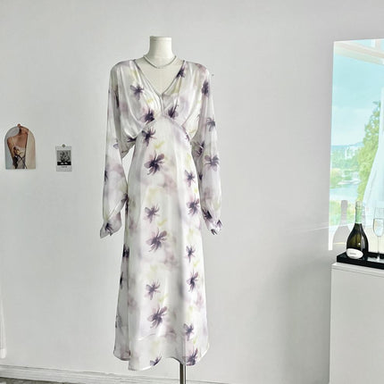 Full Of Green Watercolor Blooming V-neck Printed Oblique Cut Dress Elegant Graceful Dress